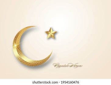 Ramadan Kareem 2021 Vektor Grußkarte. Goldener Halbmond auf weißem Hintergrund. Goldenes Urlaubsposter mit Text, islamischem Symbol. Concept Muslim Religion Banner, Flyer, Partyeinladung, Verkaufsshop