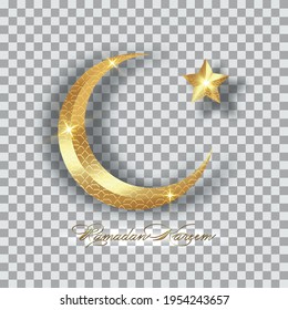 Ramadan Kareem 2021 vector greeting card. Gold half moon and star isolated on transparent background. Golden holiday poster with text, islamic symbol. Concept Muslim religion, flyer, party invitation 