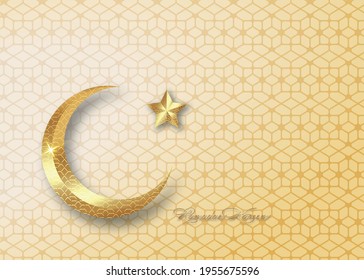 Ramadan Kareem 2021 vector  greeting card. Gold half moon on arabic motif background. Golden holiday poster with text, islamic symbol. Concept Muslim religion banner, flyer party invitation, sale shop