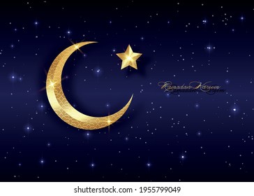 Ramadan Kareem 2021 vector greeting card. Gold half moon and star on starry blue background. Golden holiday poster with text, islamic symbol. Concept Muslim religion banner, flyer, party invitation