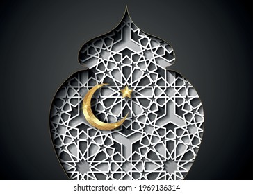 Ramadan Kareem 2021 vector greeting card. Gold half moon and star on Islamic geometric pattern background. Golden holiday poster. Windows Concept Muslim religion banner, flyer, arabic party invitation