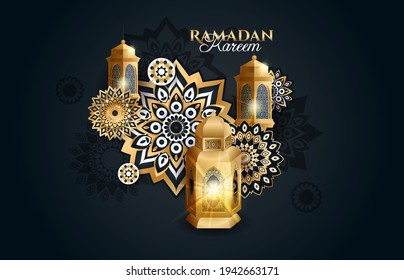 Ramadan Kareem 2021 vector illustration of a lantern Fanus. the Muslim feast of the holy month of Ramadan Kareem. Translation from Arabic: Generous Ramadan