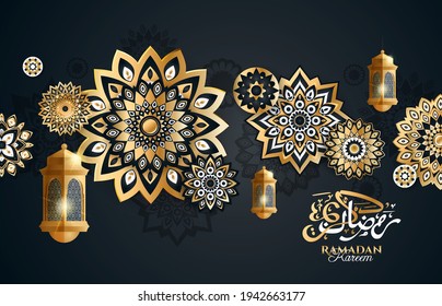 Ramadan Kareem 2021 vector illustration of a lantern Fanus. the Muslim feast of the holy month of Ramadan Kareem. Translation from Arabic: Generous Ramadan