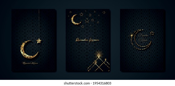 Ramadan Kareem 2021 vector set greeting card. Gold half moon on black background. Golden holiday poster with text, islamic symbol. Concept Muslim religion banner, flyer, party invitation, sale shop