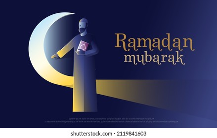 Ramadan Kareem 2022 greeting with calligraphy lettering Ramadan mubarak on night background. social distancing concept. Vector illustration