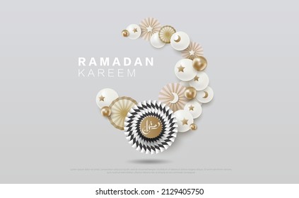 Ramadan Kareem 2022 logo. Luxury greeting card with calligraphy lettering with paper cut art ramadan concept. Vector illustration