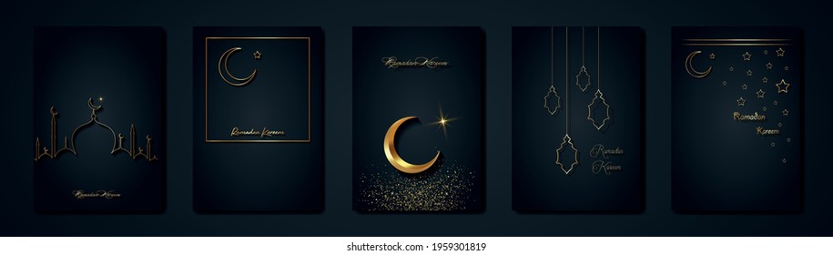 Ramadan Kareem 2022 vector set greeting card. Gold half moon on black background. Golden holiday poster with text, islamic symbol. Concept Muslim religion banner, flyer, party invitation, sale shop