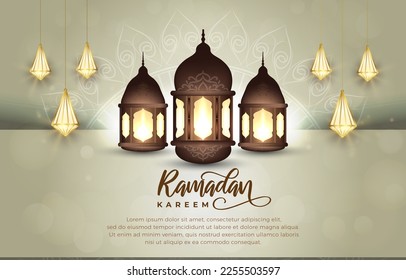 ramadan kareem 2023 with beautiful shiny luxury islamic ornament and abstract gradient yellow and white background design