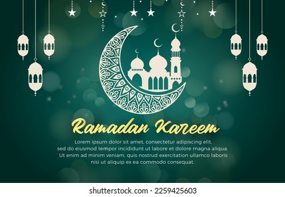 ramadan kareem 2023 template banner with elegant illustration luxury shiny islamic ornament and abstract gradient dark green background design