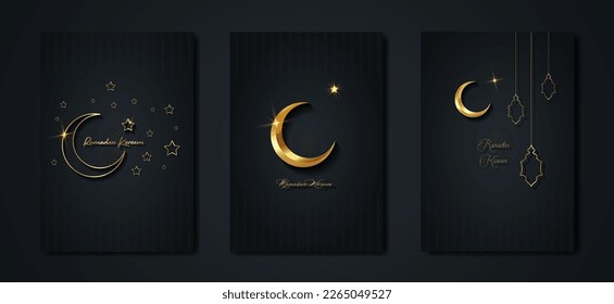 Ramadan Kareem 2023 vector set greeting card. Gold half moon on black background. Golden holiday poster with text, islamic symbol. Concept Muslim religion banner, flyer, party invitation, sale shop