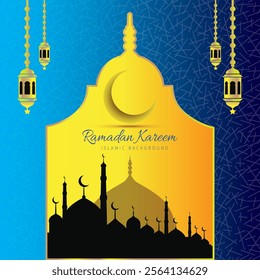 Ramadan Kareem 2025 poster, card banner with moon, lump. masjid, blue and Wight background. with vector  