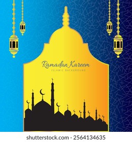 Ramadan Kareem 2025 poster, card banner with moon, lump. masjid, blue and Wight background. with vector  