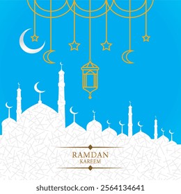 Ramadan Kareem 2025 poster, card banner with moon, lump. masjid, blue and Wight background. with vector  