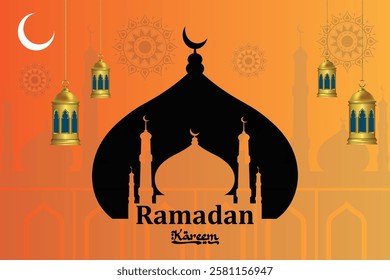 Ramadan Kareem 2025 poster, card banner with moon, lump. masjid, blue and Wight background. with vector