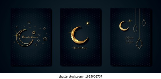 Ramadan Kareem 2021 vector set tarjeta de saludo. Media luna de oro sobre fondo negro. Afiche de vacaciones doradas con texto, símbolo islámico. Banner, volante, invitación a la fiesta, tienda de venta