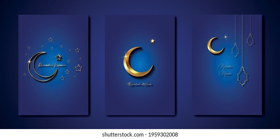 Ramadan Kareem 2025 vector set greeting card. Gold half moon on blue background. Golden holiday poster with text, islamic symbol. Concept Muslim religion banner, flyer, party invitation, sale shop