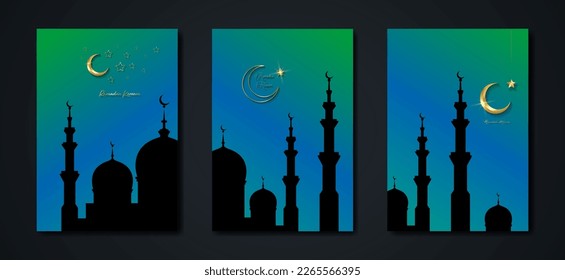 Ramadan Kareem 2023 vector set tarjeta de saludo. Media luna de oro sobre fondo azul. Afiche colorido de vacaciones con texto, símbolo islámico. Banner, volante, invitación a la fiesta, tienda de venta