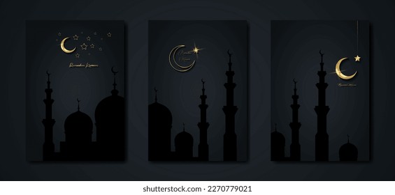 Ramadan Kareem 2025 vector set greeting card. Gold half moon on black background. Golden holiday poster with text, islamic symbol. Concept Muslim religion banner, flyer, party invitation, sale shop