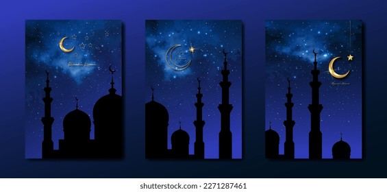 Ramadan Kareem 2025 vector set greeting card. Gold half moon on starry blue background. holiday poster with text, islamic symbol. Concept Muslim religion banner, flyer, party invitation, sale shop