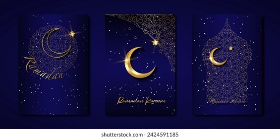 Ramadan Kareem 2025 vector set black card. Gold half moon on blue starry background. Golden holiday poster with text, islamic symbol. Concept Muslim religion banner, flyer, party invitation, sale shop