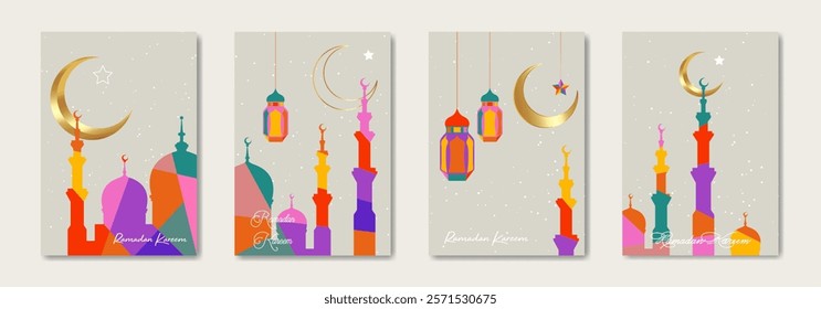 Ramadan Kareem 2025 vector set colorful card. Gold half moon on  starry background. Modern holiday poster, islamic symbol mosque, lanterns. Muslim religion banner, flyer, party invitation, sale shop