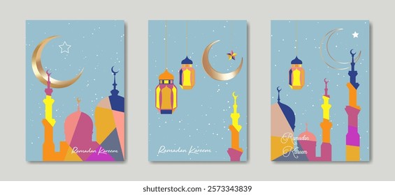 Ramadan Kareem 2025 vector set colorful card. Gold half moon on starry background. Modern holiday poster, islamic symbol mosque, lanterns. Muslim religion banner, flyer, party invitation, sale shop