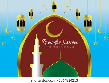 Ramadan Kareem 2025. Welcome Ramadan Kareem Festive. Arabic calligraphy greetings with islamic mosque, moon. lumps. Set flat vector modern illustration