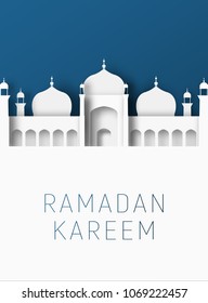 Ramadan Kareem 3d abstract paper cut illustration. Islamic mosque and blue sky. Space for text. Greeting card template in beautiful craft style.