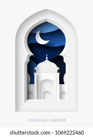 Ramadan Kareem 3d abstract paper cut illustration. Window with islamic mosque. moon and blue sky. Greeting card template in beautiful craft style.