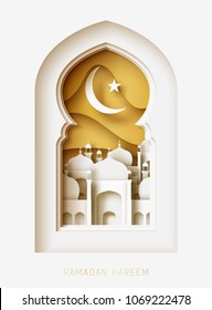 Ilustração de corte de papel abstrato Ramadan Kareem 3d. Janela com mesquita islâmica. lua e céu dourado. Modelo de cartão de felicitações em belo estilo artesanal.