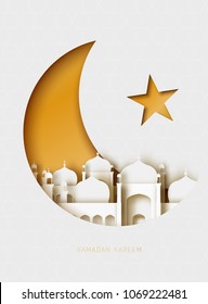 Ramadan Kareem 3d abstract paper cut illustration. Islamic mosque, moon, sky, and gold sky. Greeting card template in beautiful craft style.