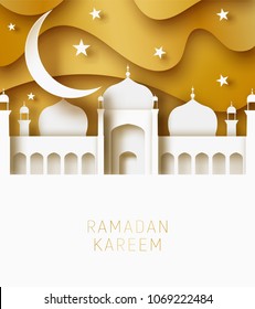 Ramadan Kareem 3d abstract paper cut illustration. Islamic mosque, moon, sky and gold sky. Space for text. Greeting card template in beautiful craft style.