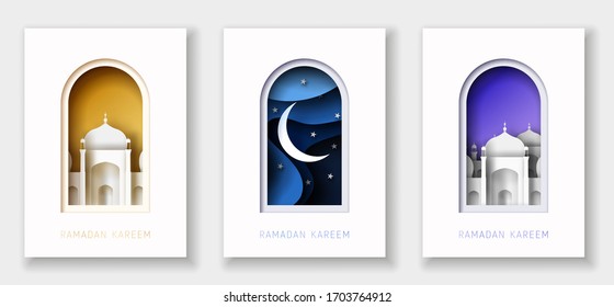Ramadan Kareem 3d abstract paper cut illustrations set. Window with islamic mosque, stars, moon and blue night sky.