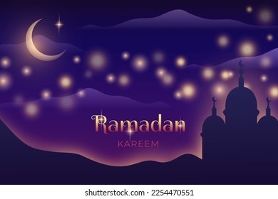 Ramadan Kareem. 3d fondo con silueta de mezquita árabe, texto, cielo estrellado para la celebración mes sagrado de la comunidad musulmana. Ilustración vectorial para tarjeta, invitación, afiche, banner