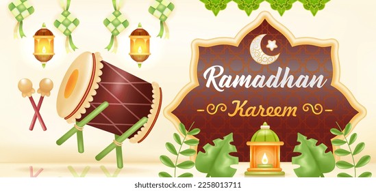 Ramadan kareem. 3d illustration of a mosque, lamp, drum, podium, and a man praying