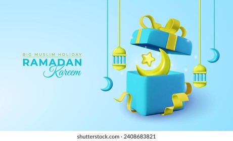 Ramadan Kareem. 3D modernes Banner für islamische Feiertage mit blauem und grünem Design. Mit einem Podium mit Ramadan-Laternen, Geschenk, Mond und Stern.