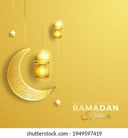 Ramadan Kareem with 3d paper cut islamic lanterns, stars and moon on gold background. Vector illustration. Place for text