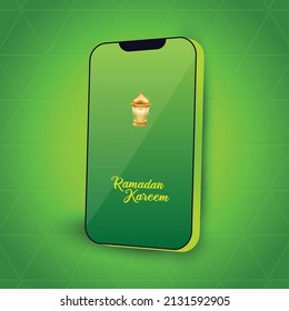 Ramadan Kareem with 3d render smartphone green background