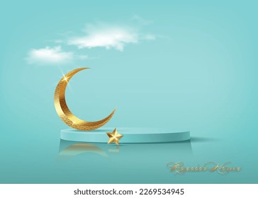 Ramadan Kareem 3D vector of classic teal Muslim Islamic festival theme product display background with gold crescent moon, golden star, Islamic Arabic decorations. Podium studio, religious symbols