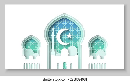 Ramadan kareem 3d vector. Religion paper cut background with islamic mosque, star moon and crescent symbol. Decorative pattern to arabic religious holiday in craft style