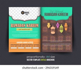 Ramadan Kareem A4 Style Bifold Brochure - Hanging Lantern Symbol, Islamic Holy Month Theme Vector Design - Arabic "Eid Mubarak", "be Blessed" at English