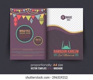 Ramadan Kareem A4 Style Bifold Brochure - Islamic Holy Month Theme Vector Design - Arabic "Eid Mubarak", "be Blessed" at English