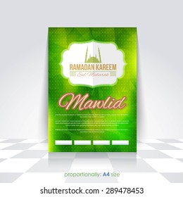 Ramadan Kareem A4 Style Flyer, Brochure - Islamic Holy Month Theme Vector Design - Arabic "Eid Mubarak", "be Blessed" at English
