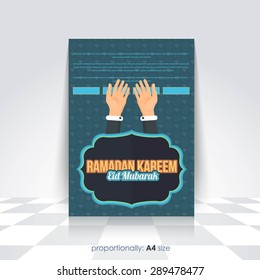 Ramadan Kareem A4 Style Flyer, Brochure - Praying Hands, Islamic Holy Nights Theme Vector Design - Arabic "Eid Mubarak", "be Blessed" at English