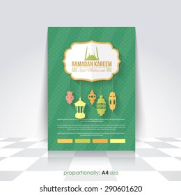 Ramadan Kareem A4 Style Flyer, Brochure - Lantern Symbol and Islamic Holy Month Theme Vector Design - Arabic "Eid Mubarak", "be Blessed" at English