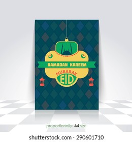 Ramadan Kareem A4 Style Flyer, Brochure - Islamic Holy Month Theme Vector Design - Arabic "Eid Mubarak", "be Blessed" at English