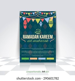 Ramadan Kareem A4 Style Flyer, Brochure - Lantern Symbol and Islamic Holy Month Theme Vector Design - Arabic "Eid Mubarak", "be Blessed" at English