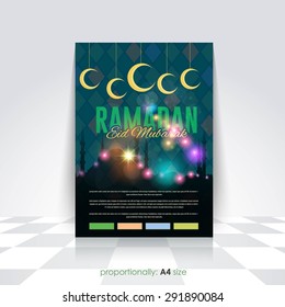 Ramadan Kareem A4 Style Flyer, Islamic Holy Nights Theme Vector Design - Arabic "Eid Mubarak", "be Blessed" at English