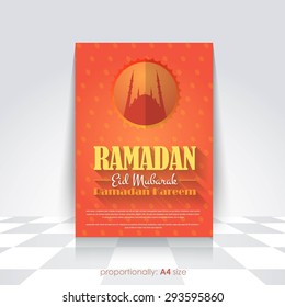 Ramadan Kareem A4 Style Flyer, Brochure, Orange Colors Background - Islamic Holy Month Theme Vector Design - Arabic "Eid Mubarak", "be Blessed" at English