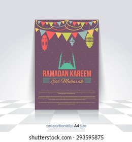 Ramadan Kareem A4 Style Flyer, Brochure - Islamic Holy Month Theme Vector Design - Arabic "Eid Mubarak", "be Blessed" at English